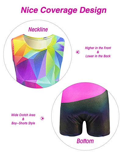 Kids4ever Geometric Stripes Splicing Gymnastics Leotards for Girls Biketards with Shorts Sparkly Unitard 3T 4 T