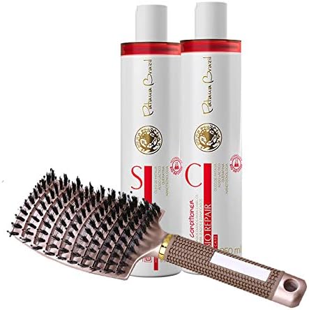 Brazilian Keratin Anti-Frizz Straightening Shampoo & Conditioner with Boar Hair Brush - Volume & Moisturizing, Gentle on Curly & Color Treated Hair, Infused with Keratin and Tropical Oils.