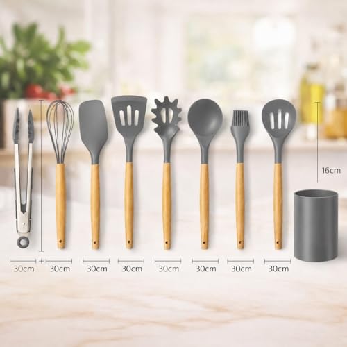 Kit Utensílios Cozinha Silicone 12 Peças com Suporte – Cabo Madeira Premium, Não Risca, Resistente ao Calor