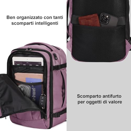 ECOHUB Ryanair Travel Backpack 40 x 20 x 25 cm 13 Pockets Hand Luggage Under the Seat Handle Eco Friendly Airplane Bag in Recycled PET 20 Litres, Patented (Pink)
