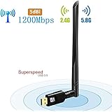 Wireless USB Wifi Adapter AC1200Mbps Dual Band (5.8GHz/867Mbps+2.4GHz/300Mbps) USB Adapter Long Range Secure Encryption 5dBi External Antenna Network Adapter Suit for Windows 10/8/7/XP/ Linux Mac OS X