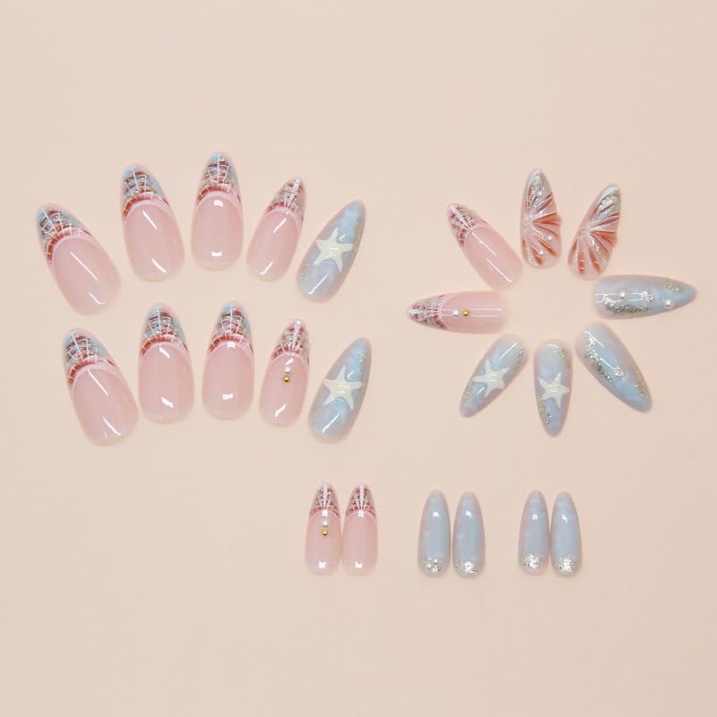 Summer Beach Press on Nails 3D Acrylic Nails Medium Almond Fake Nails Blue Sea Shell French Tips False Nails Press ons Ocean Glue on Nails Starfish Waves Stick on Nails for Women Girls Manicure 24Pcs - Image 5