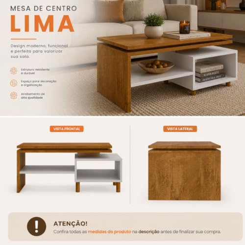 Mesa de Centro Lima multiuso para Sala de Estar com Nicho Organizador e Prateleira Decorativa – Design Moderno e Funcional.