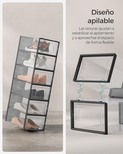SONGMICS Cajas de Zapatos Plástico, Juego de 12 Organizadores de Almacenamiento, Caja Zapatero Plástico Plegable y Apilable para Zapatillas hasta talla 44, Transparente y Negro MLSP006B12