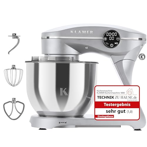 KLAMER Küchenmaschine 1800W, Knetmaschine Brotteig mit 6L Edelstahlschüssel