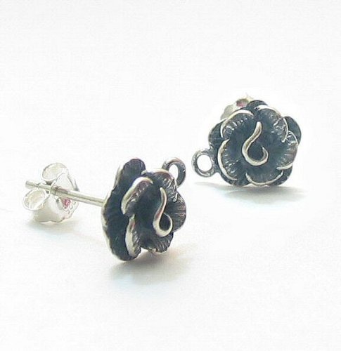 2pcs .925 Sterling Silver 8mm Rose Stud Earrings Connector W/Loop Ring & Post w/Clutches/Earnut/Antique