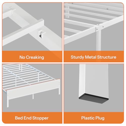 HOOBRO Full Bed Frame, Metal Platform Bed Frame with Charging Station and LED Light, Headboard with Shelves, No Box Springs Needed, White WT03UDBF01