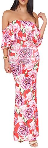 FairBeauty Women's Floral Off Shoulder Ruffle Fishtail Evening Grown Long Maxi Dress