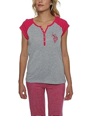 Women's 2 Piece Raglan Sleeve Henley Shirt and Long Pajama Pants Sleepwear Set