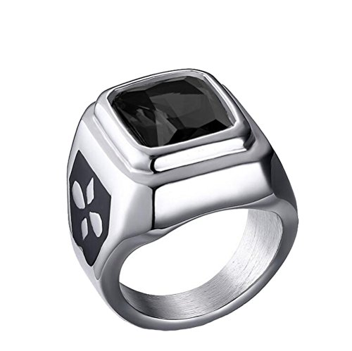 HIJONES Unisex Jewelry Stainless Steel Square Bezel Set Cubic Zirconia Ring, Black Stone Size 5