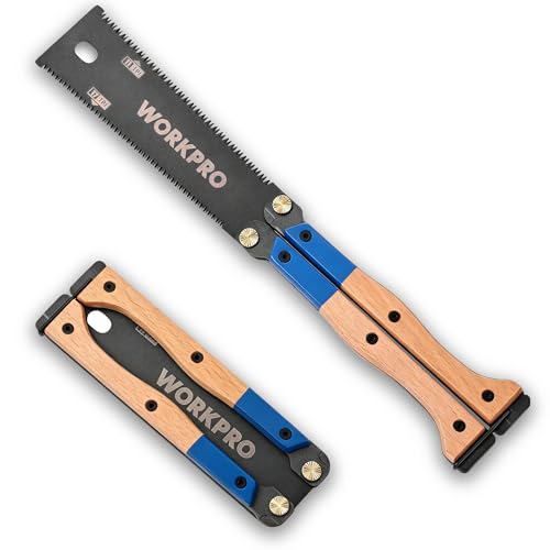 WORKPRO Japanese Folding Saw 310mm, Double Sided Pulling Saw 11/17 TPI | SK5 Flexible Steel Blade, Beech Wood Non-Slip Handle, Precise Wood Saw for Carpentry, Gardening and Camping