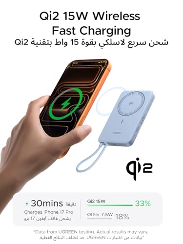 UGREEN 10000mAh Power Bank, Qi2 15W Certified Magnetic Wireless Charger, 30W USB-C Portable Battery Pack with Built-in Cable, MagSafe-Compatible Fast Charging for iPhone 17/16/15/14/13/12 Series,Blue