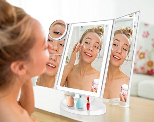Makeup Vanity Mirror with Lights, 36 LED Trifold Cosmetic Makeup Mirror, 2x 3x 10x Magnification 180Â° Rotation Dual Power Supply 10 Makeup Brushes Set 2 Makeup Sponges 2 Cosmetic Bags 1 Eyelash Curler