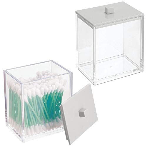 mDesign Modern Square Bathroom Vanity Countertop Storage Organizer Canister Jar for Cotton Swabs, Rounds, Balls, Makeup Sponges, Bath Salts - 2 Pack - Clear/Light Gray