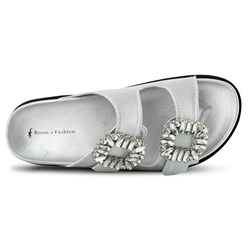 RF ROOM OF FASHION Hook and Loop Fasteners Double Band Sip On Slides Sandals Silver Size.9 - Thumbnail 3