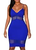 Sexy Womens Sheer Stripes Accent V Neck Party Midi Dress (Large, Blue)