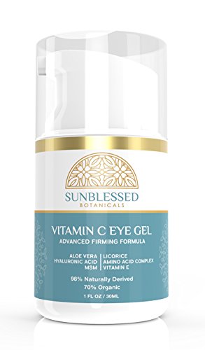 Vitamin C Eye Gel for Under Eye Bags Treatment Dark Circles Puffiness Wrinkles Crows Feet and Anti Aging Skin Care with Hyaluronic Acid Made in USA by SunBlessed Botanicals