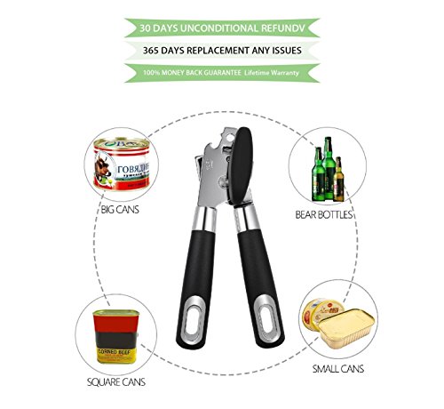 Updated Version Manual Can Opener, Premium Quality Professional Built in Bottle Opener, Heavy Duty Stainless Steel Blades FDA Approved, Easy Turn Knob & Ergonomic Anti-slip Handles