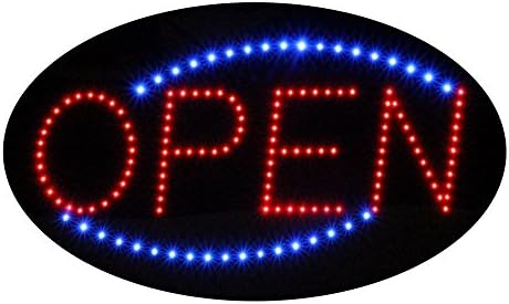 Oval Shaped LED Sign Reads OPEN with Animation and Power (On & Off) Two Switches for Business (Blue)