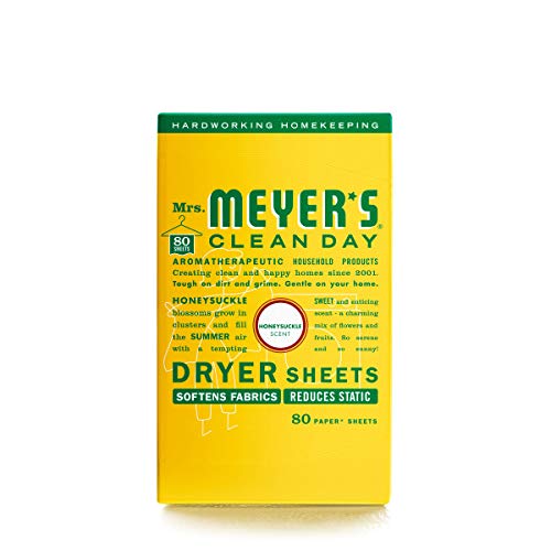 MRS. MEYER’S CLEAN DAY DRYER SHEETS, FABRIC SOFTENER, REDUCES STATIC, INFUSED WITH ESSENTIAL OILS, HONEYSUCKLE, 80 COUNT