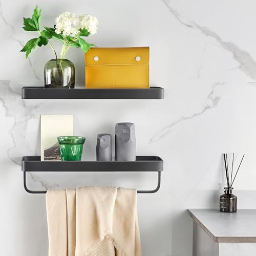 TERRIFI 40 CM Wall Mounted Shower Caddies, 2-Tier Bathroom Shelves with Towel Bar, Tempered Glass Floating Shelf, Black Bathroom Wall Organizer