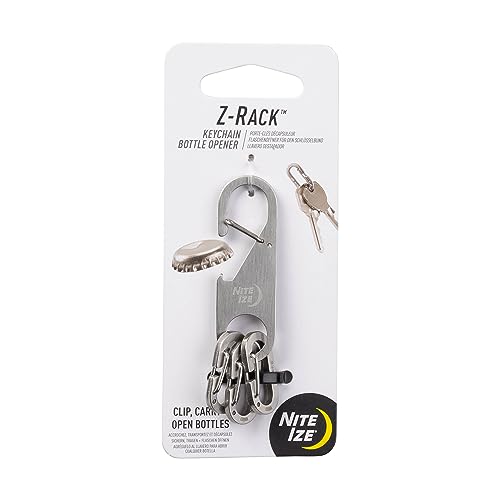 Nite Ize Z-Rack - Llavero abrebotellas, pequeño llavero de acero inoxidable, mosquetón con abrebotellas, llavero abrebotellas con tres mini mosquetones MicroLink