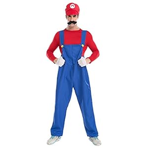 Quesera Men's Super Mario Costume Adult Cosplay Costume Mario Brothers Halloween Costume, Red, M