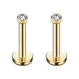 Ruifan 316L Stainless Steel 2mm Round CZ Gem Internally Threaded Labret Monroe Lip Ring Tragus Nail Helix Earring Stud Barbell Piercing Jewelry 16G 2pcs (Gold)