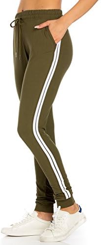 My Yuccie Women's Comfy Jogger Pants with Zipper Side Pockets (S - XL) (Olive Stripe, X-Large)