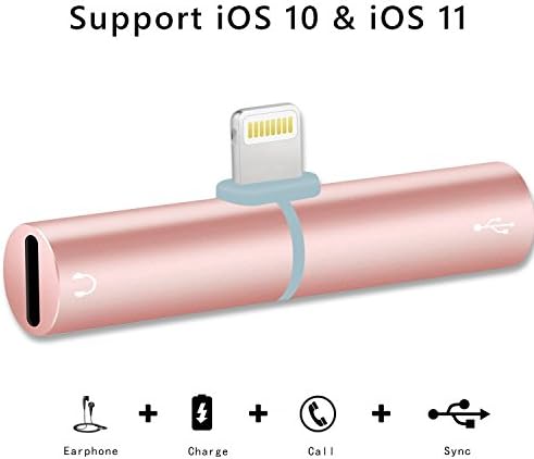 LY 3 in 1 Lightning Adapter for iPhone 8 7, Dual Lightning Headphone Audio &amp; Charge Adapter for iPhone 8 7 7 Plus (Support iOS 11) Cylindrical Rose Gold