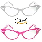 Cat Eye Glasses with Rhinestones - 50's 60's Retro glasses (2 Pack) (Pink & White Cat Eye Glasses)