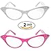 Cat Eye Glasses with Rhinestones - 50's 60's Retro Glasses (2 Pack) (Pink & White Cat Eye Glasses)