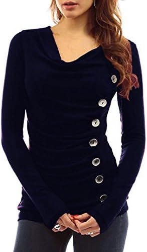 Villelove Women Cowl Neck Long Sleeves Buttons Decor Ruched Top (S, Navy)