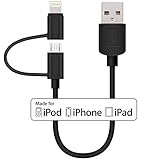 Apple MFi Certified Lightning Cable - Skiva USBLink Duo Short 2-in-1 Sync and Charge Cable (6" / 0.5ft) with Lightning & microUSB for iPhone 7 6s Plus SE, iPad Air, Samsung Galaxy (Black)[Model:CB137]