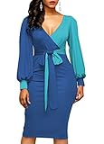 KISSMODA Womens Sexy Deep V Neck Faux Wrap Midi Bodycon Dress Long Sleeve Colorblock Pencil Dresses With Tie-Belt