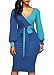 KISSMODA Womens Sexy Deep V Neck Faux Wrap Midi Bodycon Dress Long Sleeve Colorblock Pencil Dresses With Tie-Belt