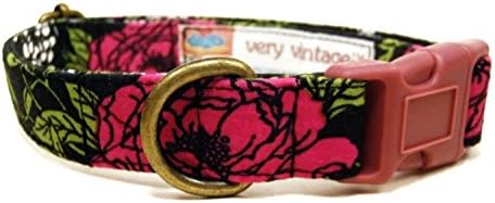 Very Vintage Designs Rose Noir - Black Dark Pink White Flowers Roses Garden Floral Girl Organic Cotton Pet Collar - Handmade in the USA