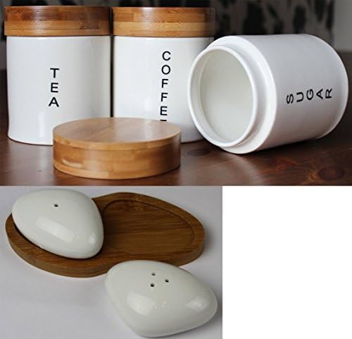 Cream Tea Coffee Sugar Jars Round Canisters Set With Pebble Salt and Pepper With Bamboo Lids