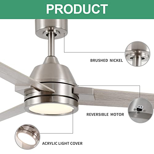Homeybuff Ceiling Fan with Lights Remote Control, 52Inch, Brushed Nickel(3 Blades), Dimmable