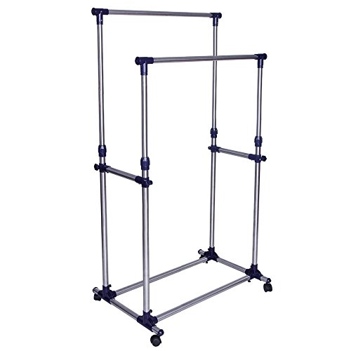 [- Songmics Heavy Duty Stainless Steel Adjustable Double Garment Hanging Rail Clothes Rack with Whe