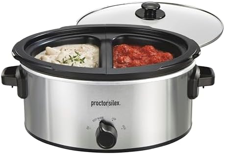 Proctor Silex Double Dish Slow Cooker with 6qt Crock and Dual 2.5qt Nonstick Insert to Cook Two Meals at Once, Dishwasher Safe Pot & Lid, Silver (33563)