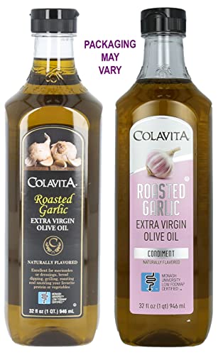 COLAVITA ROASTED GARLIC EXTRA VIRGIN OLIVE OIL, 32 FL OZ – COLD PRESSED EVOO INFUSED WITH NATURAL ROASTED GARLIC FLAVOR FOR COOKING, DRESSINGS, MARINADES & DIPPING