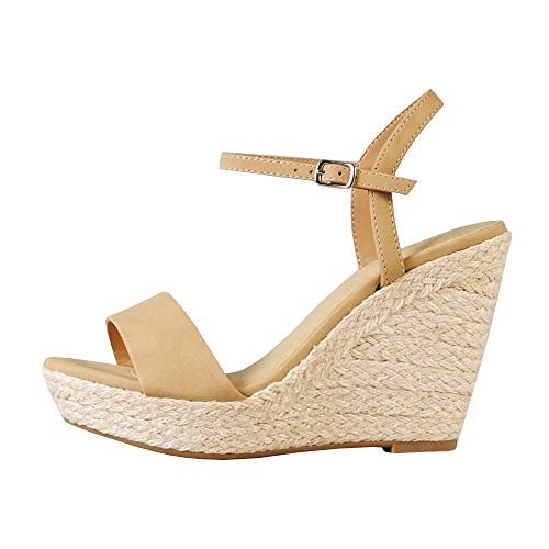 PiePieBuy Womens Wedges Espadrille Ankle Strap Open Toe Heeled Sandals Khaki - Thumbnail 3