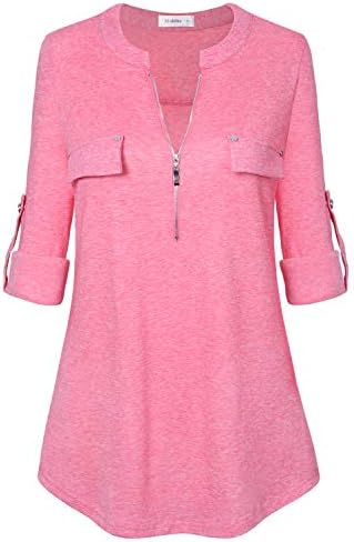 Women's Tunic Tops, Zip Front V-Neck 3/4 Rolled Long Sleeve for Leggings