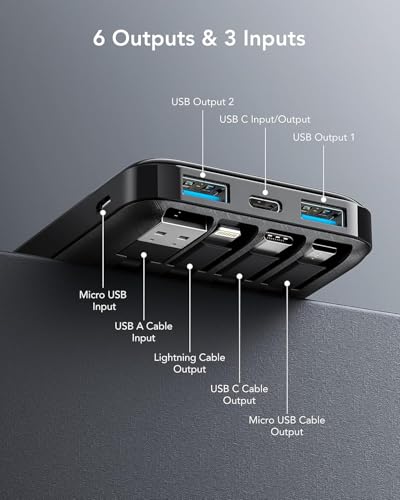 Charmast Power Bank with Built in Cables X 4, 10000mAh USB C Battery pack 6 Outputs 3 Inputs with LED Display Type C Powerbank Portable Charger Compatible with Smartphones Tablets and More