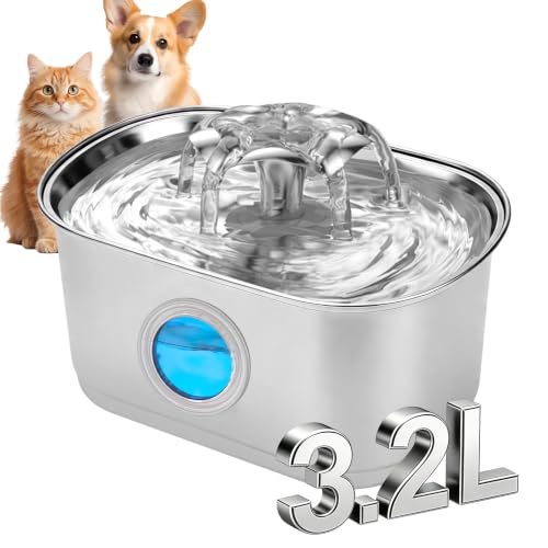 Mstail Fonte de Água pra Gato, Bebedouro para Gatos Silenciosa Inox Carvão Ativado LED Indicador Fonte De Água para Cães e Gatos (3,2L, TY50)