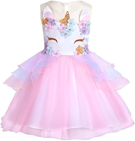 Arielno Girls Unicorn Tutu Dress Flower Girl Princess Party Birthday Cosplay Dress up Costume (Pink, 8-9 Years)