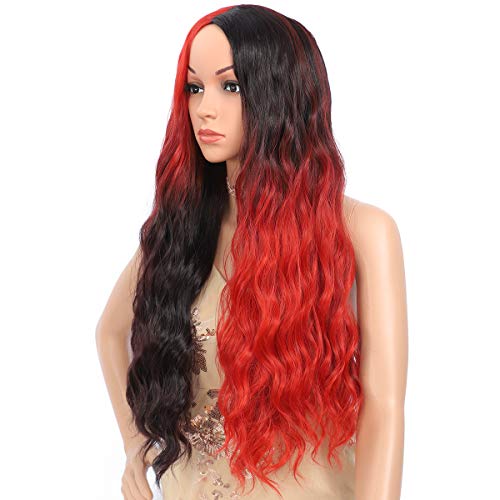 Amchoice Black Red Ombre Wigs for Women Long Curly Wavy Hair Wig Cute Fashion Heat Resistant Synthetic Wigs for Daily Party Cosplay Halloween 26 Inch