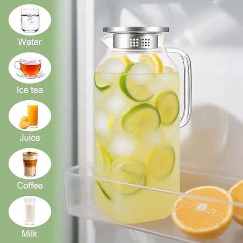 Litrue Glass Carafe 2 Litres, Water Carafe with Lid, Carafe Glass for Fridge Door, Water Jug Square for Cold Hot Water Iced Tea Wine Juice Tea Milk DIY Drinks (with Cup Brush)
