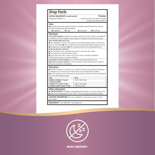 Nature's Way Cold Relief Hot Drink, Umcka, Homeopathic, Clinically Proven Pelargonium Sidoides 1X, for Cough, Congestion, Sore Throat, Stuffy Nose, Lemon Flavored, 10 Packets (Packaging May Vary)